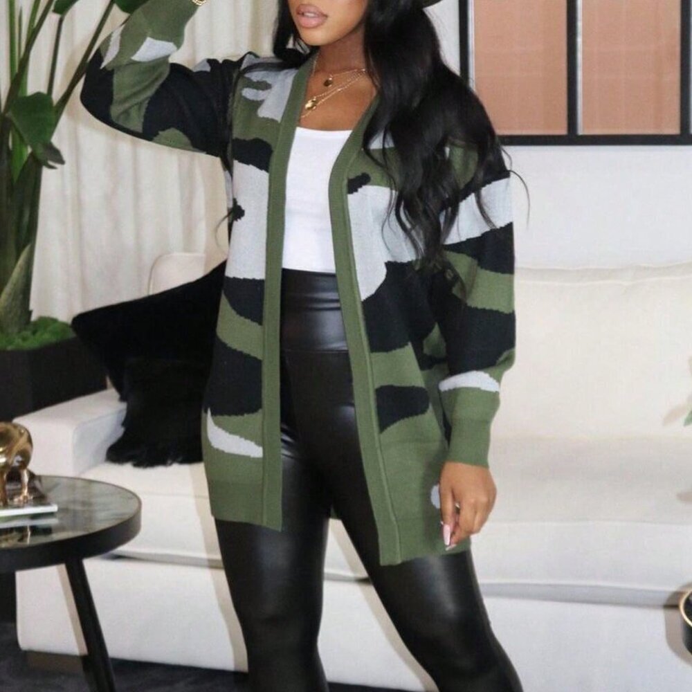 Army Green Casual Women's Camo Print Cardigan Sweater